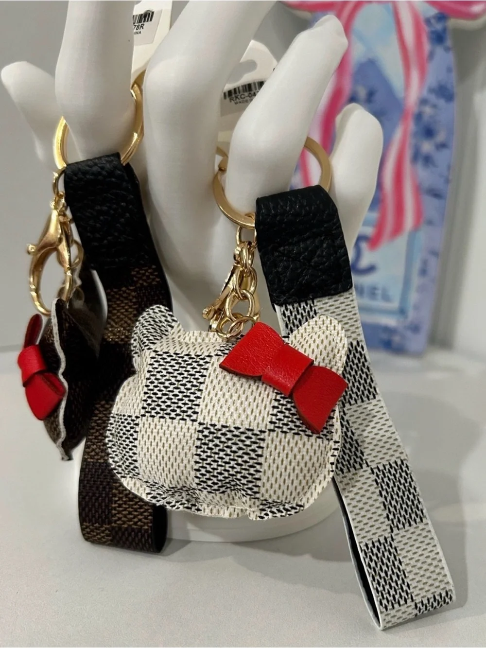 Checkered Kitty with Red Bow Bag Charm / Keychain